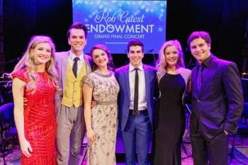 The six finalists of last year's Rob Guest Endowment - Georgina Hopson, Blake Appelqvist, Hilary Cole, recipient Daniel Assetta, Ashleigh Rubenach and Robert McDougall - on stage at the Rob Guest Endowment Gala 2015, taken at the Lyric Theatre in Sydney, on Monday, 9 November 2015. Hosted by David Campbell and Lucy Durack, guest artists performing at the concert included musical theatre performers Rob Mills, Caroline OíConnor and Jemma Rix, Dirty Dancing star Mark Vincent, 2014 Rob Guest Endowment winner Josh Robson, and cast members from CATS and Matilda the Musical. The six finalists for the 2015 Rob Guest Endowment are Blake Appelqvist (West Side Story, new VCA Graduate), Daniel Assetta (Cats, Wicked), Hilary Cole (Carrie, Dogfight), Georgina Hopson (Into The Woods, The Pirates of Penzance), Rob McDougall (Les Miserables, Phantom of the Opera) and Ashleigh Rubenach (Anything Goes, The Sound of Music). The competition was judged by three of Australian musical theatreís finest creatives, Kelly Abbey, Peter Casey and Gale Edwards. The 2015 recipient was Daniel Assetta.